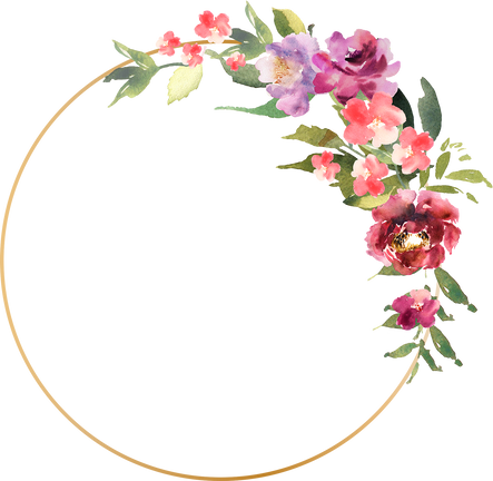 Watercolor colorful flowers and circle gold frame